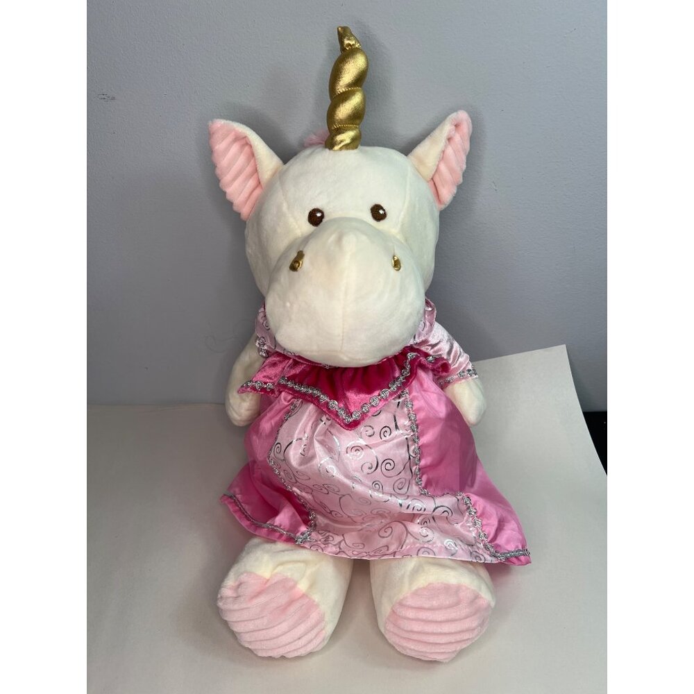 Kellytoy 2019 Plush White Unicorn In Pink Dress Gold Horn Cuddle Toy with Rattle